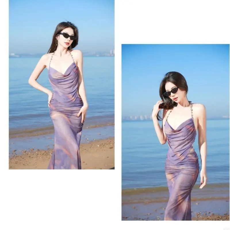 Women Tie Dye Print Swimsuits Halters Bathing Suit 3 Pcs Split Swimwear