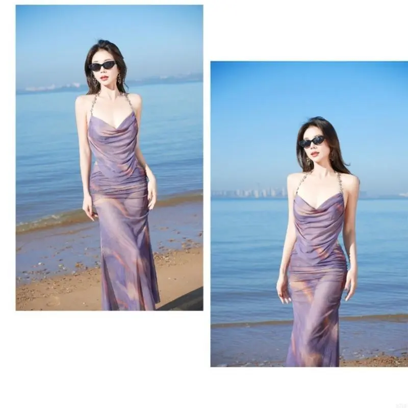 Women Tie Dye Print Swimsuits Halters Bathing Suit 3 Pcs Split Swimwear