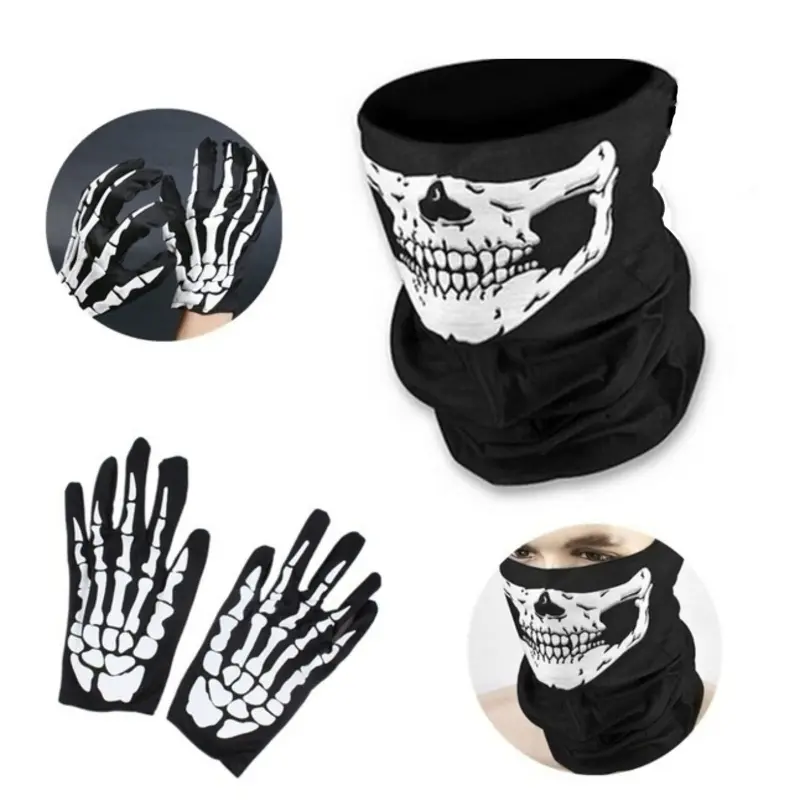 Halloween Skeleton Gloves Skull Face Mask Scarf Neck Warmer Set Adults Kids Party Cosplay Props Sports Hiking Cycling Scarf