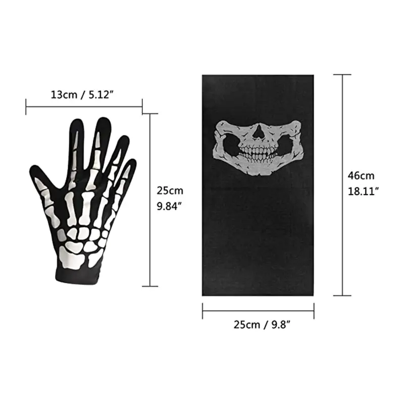 Halloween Skeleton Gloves Skull Face Mask Scarf Neck Warmer Set Adults Kids Party Cosplay Props Sports Hiking Cycling Scarf