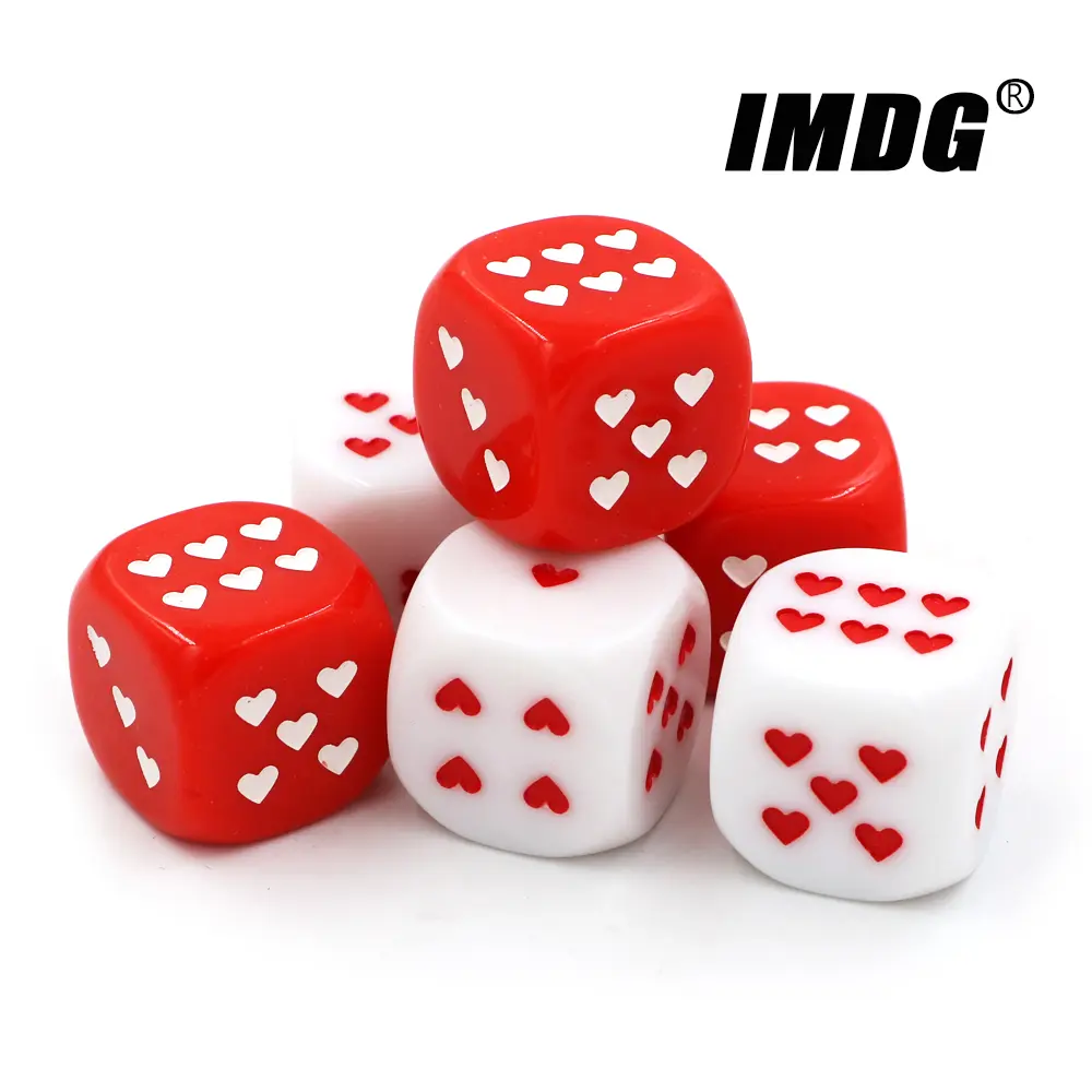 6pcs/pack New Acrylic Dice 25mm Red White Heart-shaped Pip Dice Game Props Large Size Round Corner Cubes