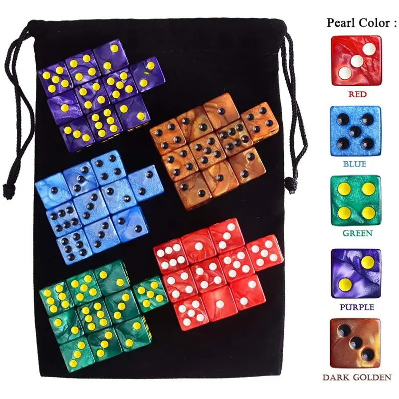 50 Pieces/set, 10 Pieces of 16mm Pearl In 5 Colors, Square Corner Dice, Velvet Cloth Bag