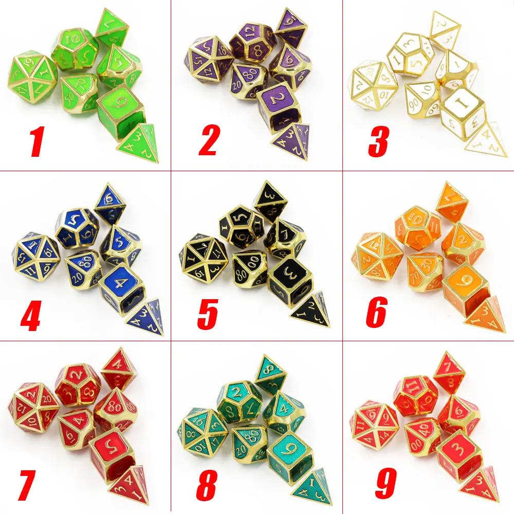 IMDG 7pcs/set Creative RPG Game Dice Polyhedron Metal Dice DND New Font Enamel Gold Digital Game Dice