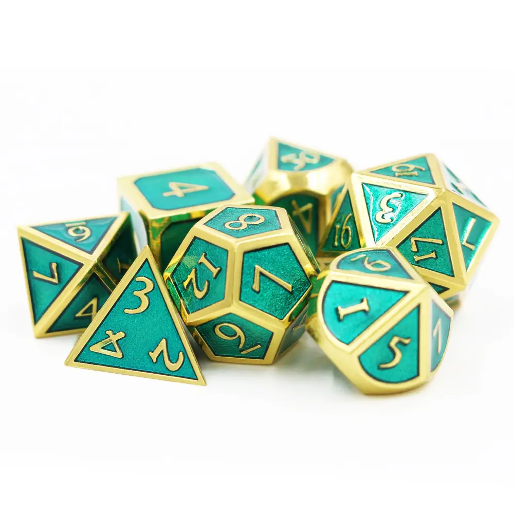 IMDG 7pcs/set Creative RPG Game Dice Polyhedron Metal Dice DND New Font Enamel Gold Digital Game Dice
