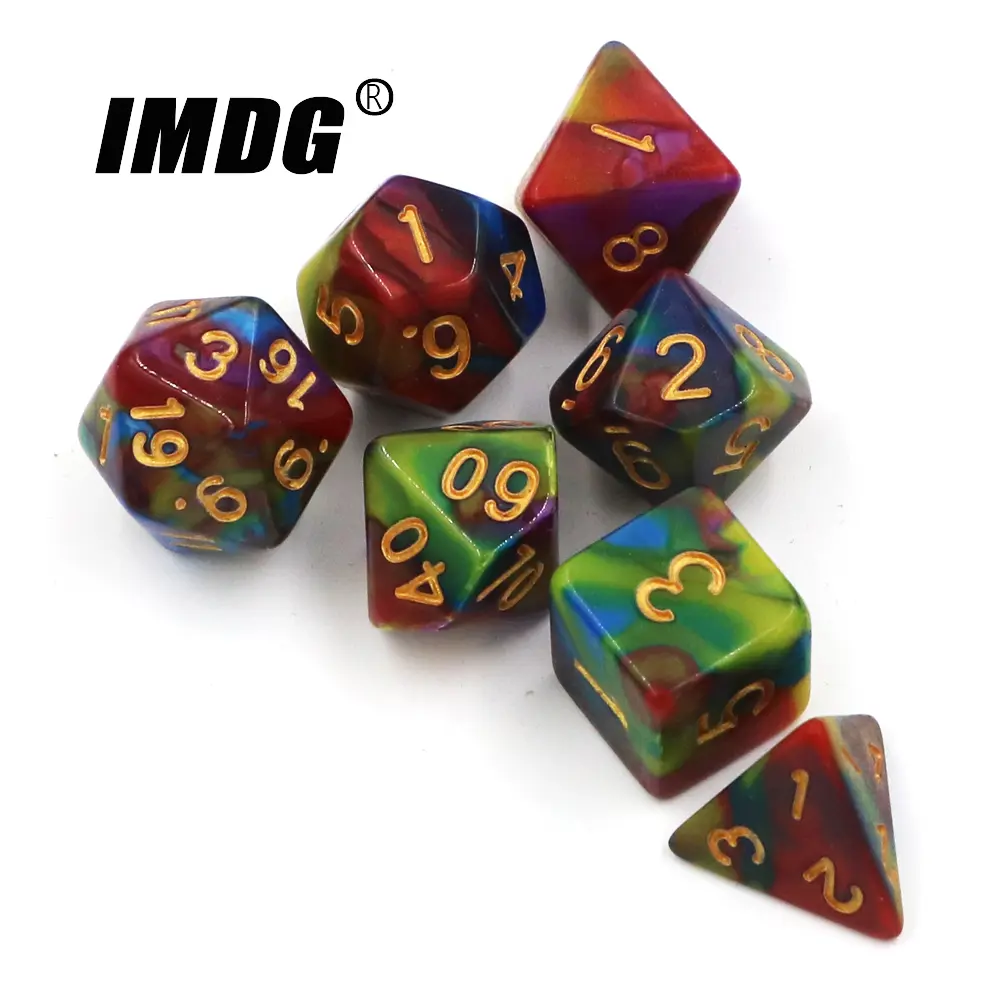 IMDG 7pcs/set Polyhedron RPG Game Dice Acrylic Dice DND Color Mixing Digital Game Dice with Bag