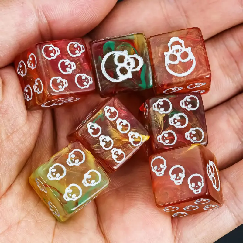 6Pcs/set 16mm Square Angle Transparent Four-color Brushed Skull Pattern Counting Dice Board Game