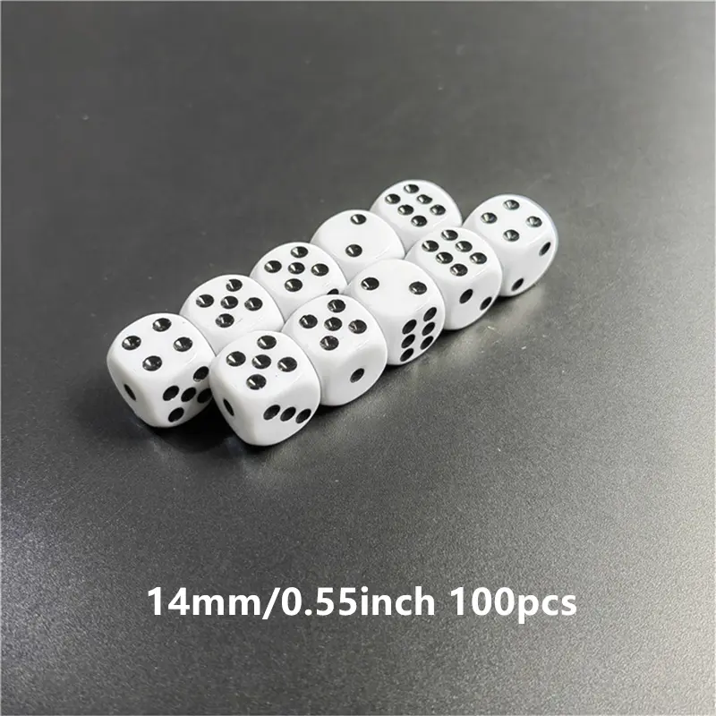 100 pcs/set 14mm/0.55inch or 16mm/0.63inch white acrylic dice with black points suitable for board game party bar