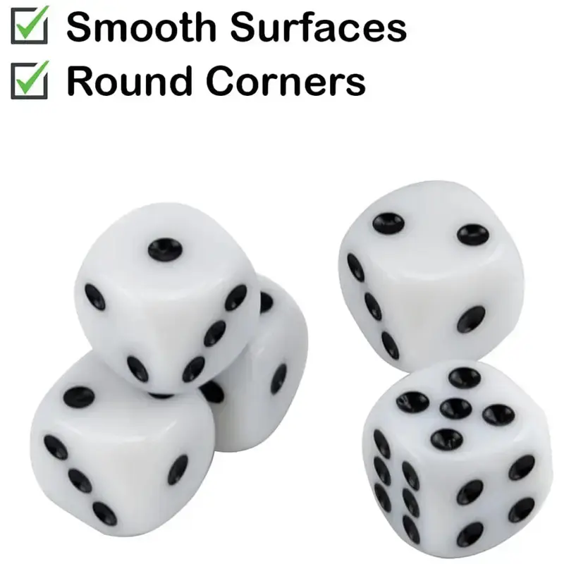 100 pcs/set 14mm/0.55inch or 16mm/0.63inch white acrylic dice with black points suitable for board game party bar
