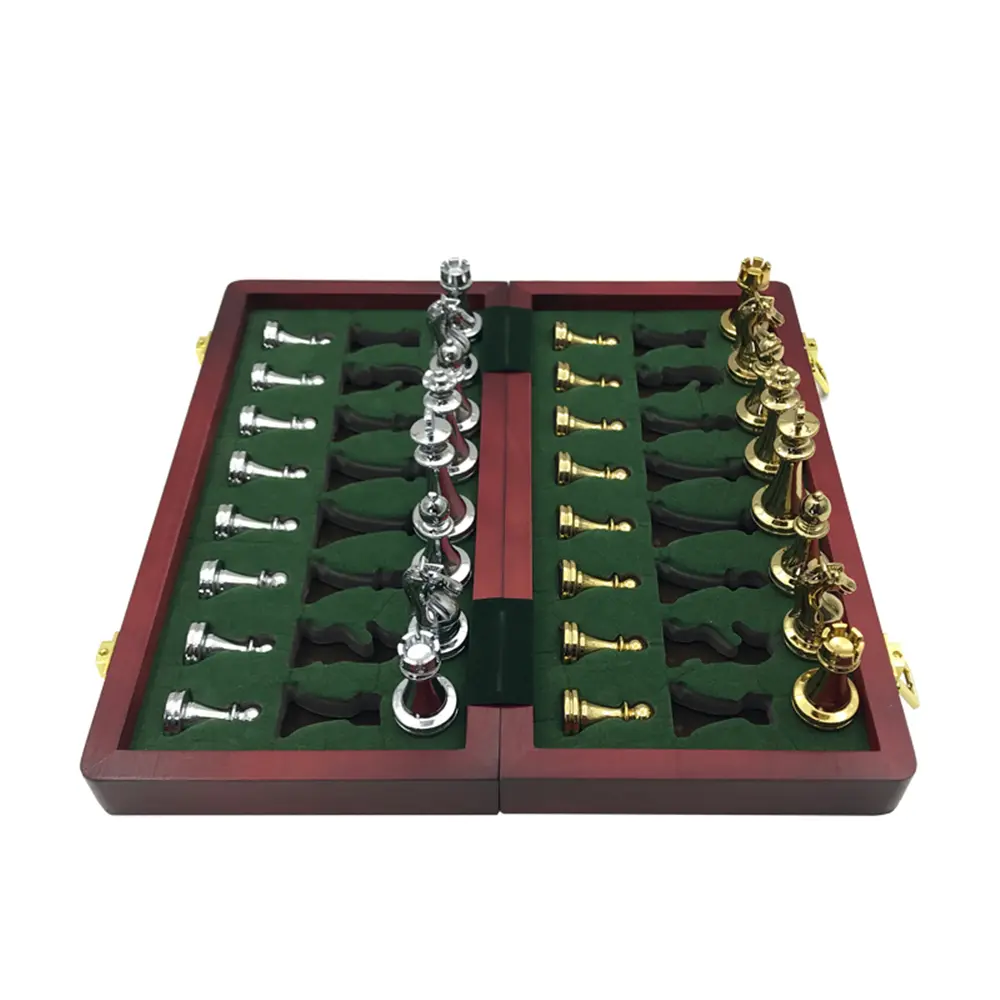 Metal Glossy Golden And Silver Chess Pieces Solid Wooden Folding Chess Board High Grade Professional Chess Games Set Gift