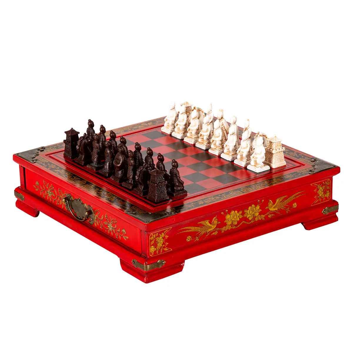 Antique Chess 3D Terra Cotta Warriors Chess Pieces 26 * 26cm/10.24 * 10.24inch Medium High Grade Vintage Wooden Table Chess