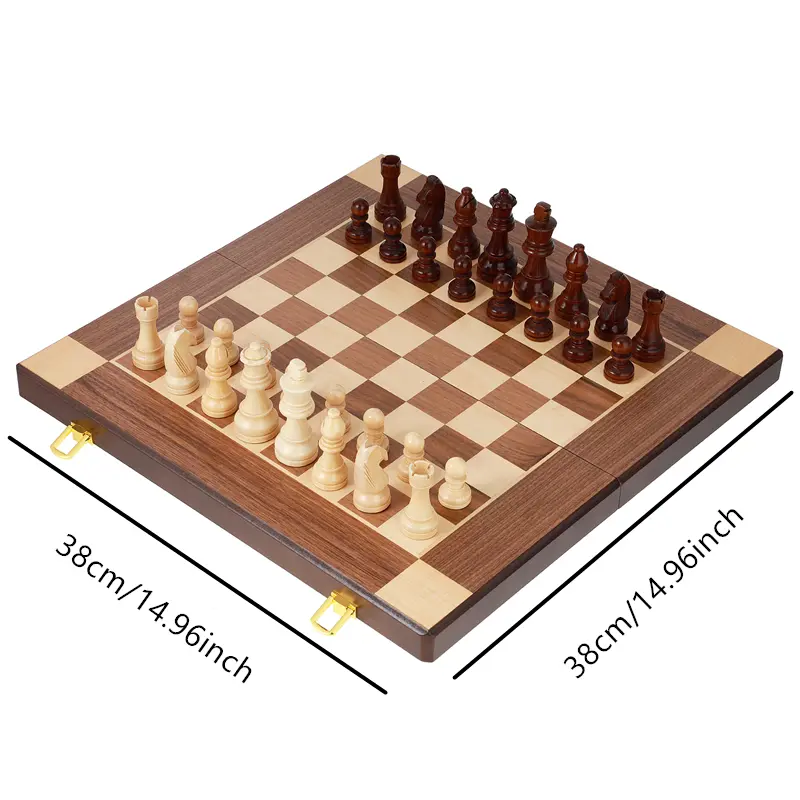 Wooden chess set 38cm/14.96inch with 2 additional foldable portable travel board games suitable for adult competitive chess