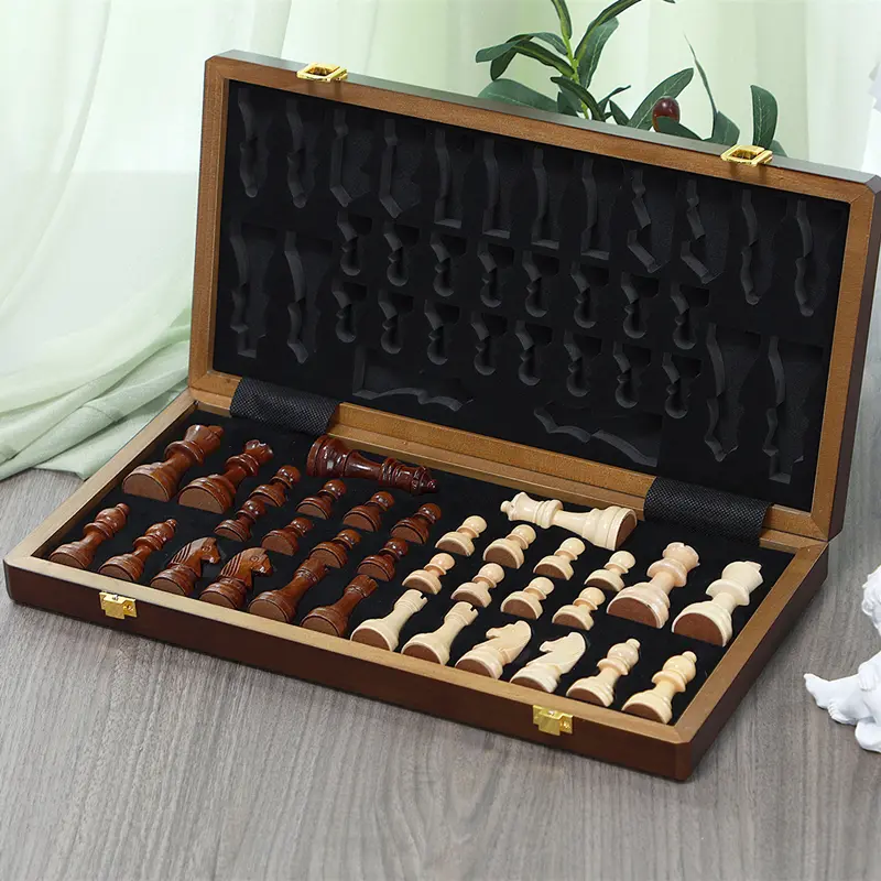 Wooden chess set 38cm/14.96inch with 2 additional foldable portable travel board games suitable for adult competitive chess