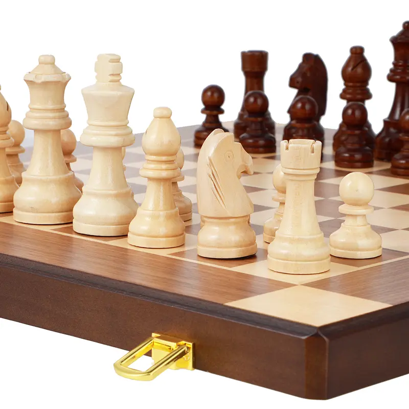 Wooden chess set 38cm/14.96inch with 2 additional foldable portable travel board games suitable for adult competitive chess