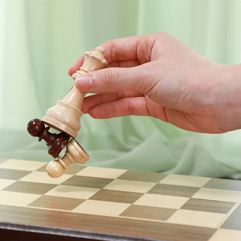 Wooden chess set 38cm/14.96inch with 2 additional foldable portable travel board games suitable for adult competitive chess