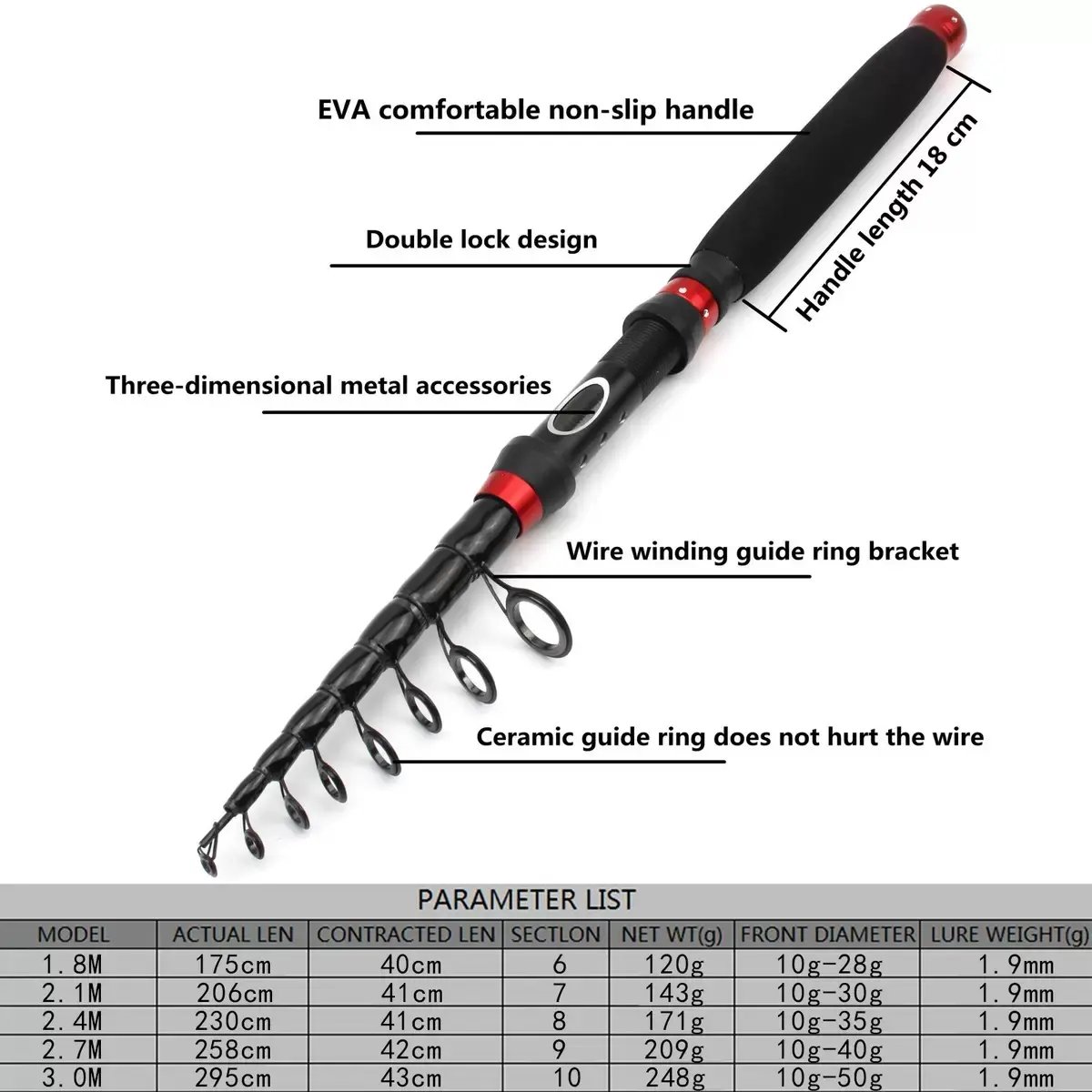Carbon portable fishing rod, ultra-light retractable lull rod, comfortable extended handle, ceramic guide ring fishing rod