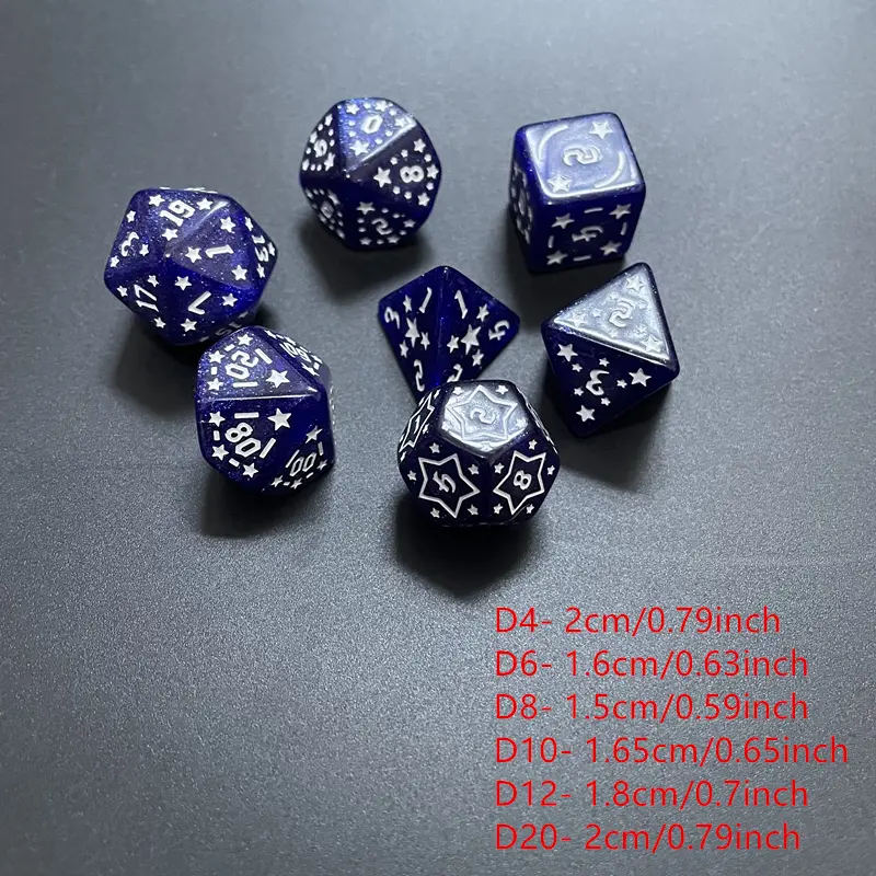 7-piece star-carved dice brand-new acrylic set of  D4, D6, D8, D10, D12, D20 multi-sided dice in 8 colors for a board game
