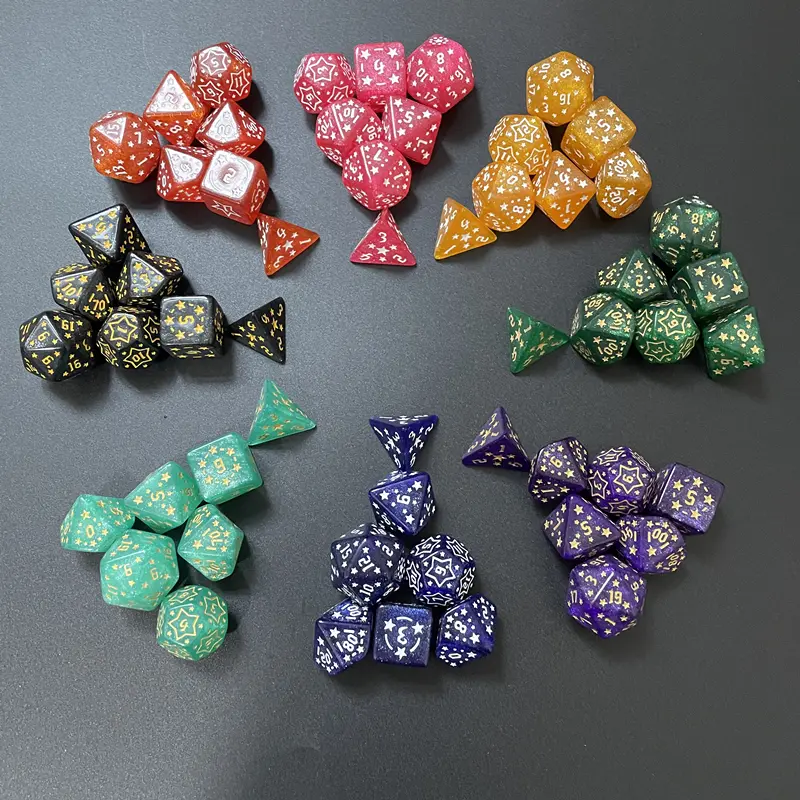 7-piece star-carved dice brand-new acrylic set of  D4, D6, D8, D10, D12, D20 multi-sided dice in 8 colors for a board game