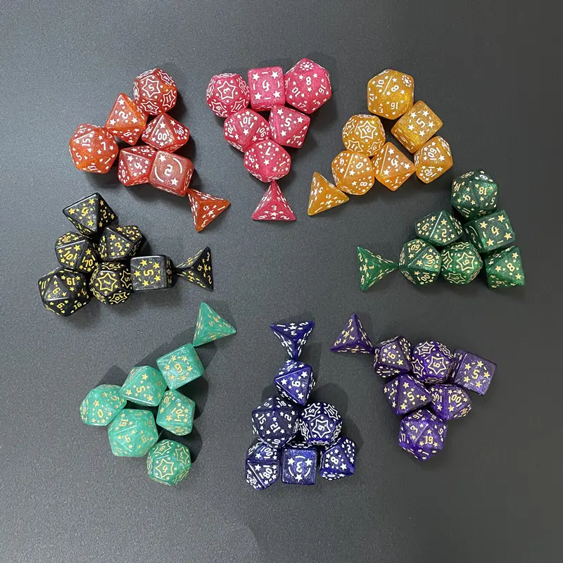 7-piece star-carved dice brand-new acrylic set of  D4, D6, D8, D10, D12, D20 multi-sided dice in 8 colors for a board game