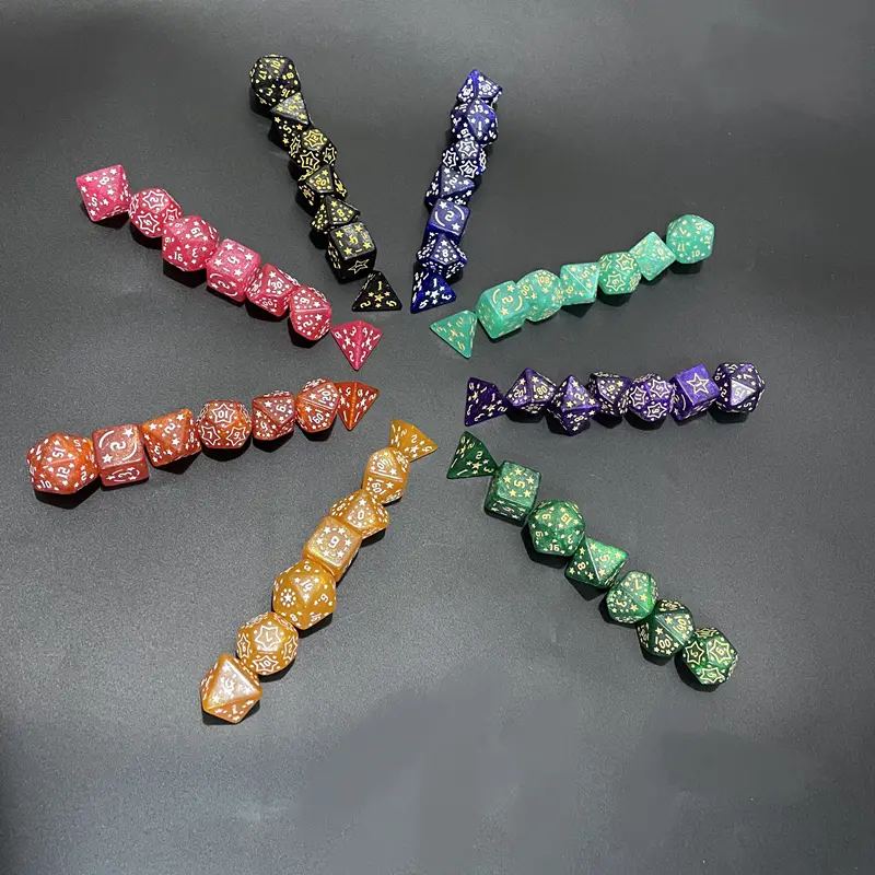 7-piece star-carved dice brand-new acrylic set of  D4, D6, D8, D10, D12, D20 multi-sided dice in 8 colors for a board game