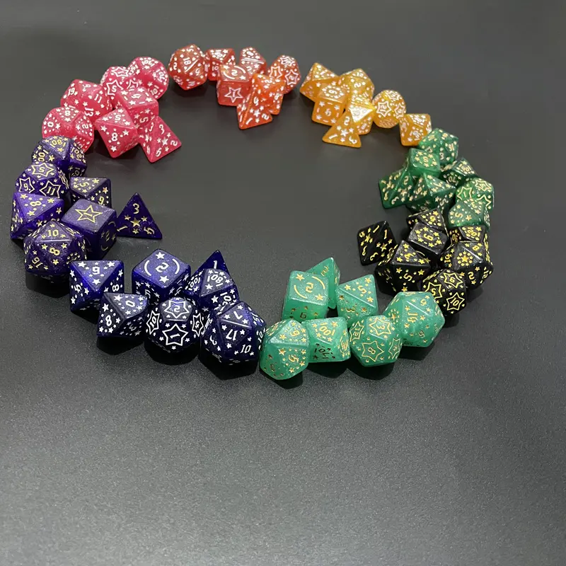 7-piece star-carved dice brand-new acrylic set of  D4, D6, D8, D10, D12, D20 multi-sided dice in 8 colors for a board game
