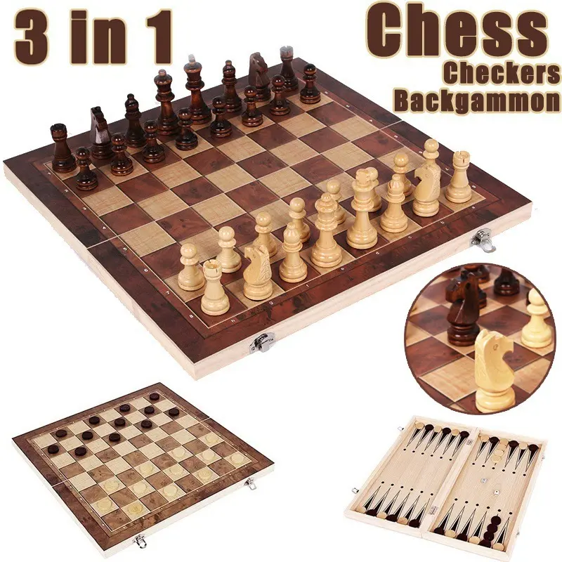 New Foldable International Chess 3-in-1 Wooden Chess Set Toy Educational Brain Training Board Game High-end Wood-chess-pieces