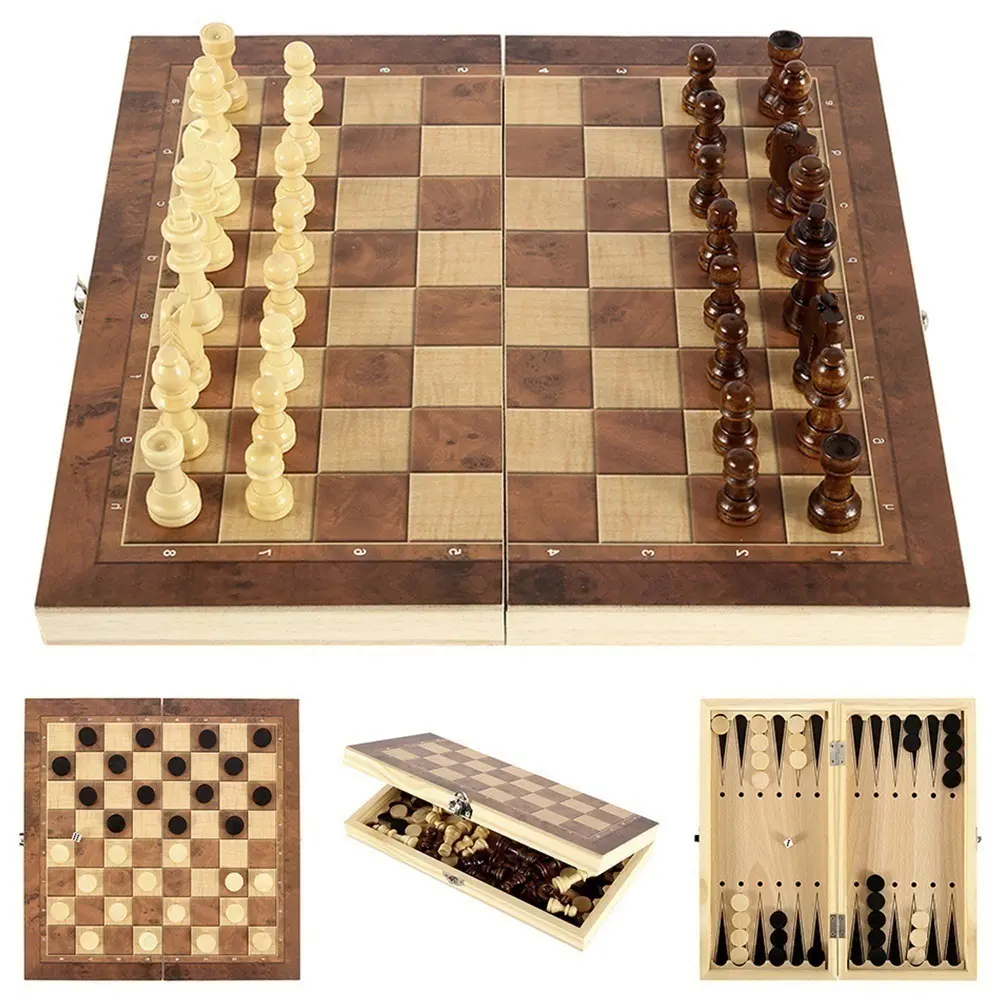 New Foldable International Chess 3-in-1 Wooden Chess Set Toy Educational Brain Training Board Game High-end Wood-chess-pieces