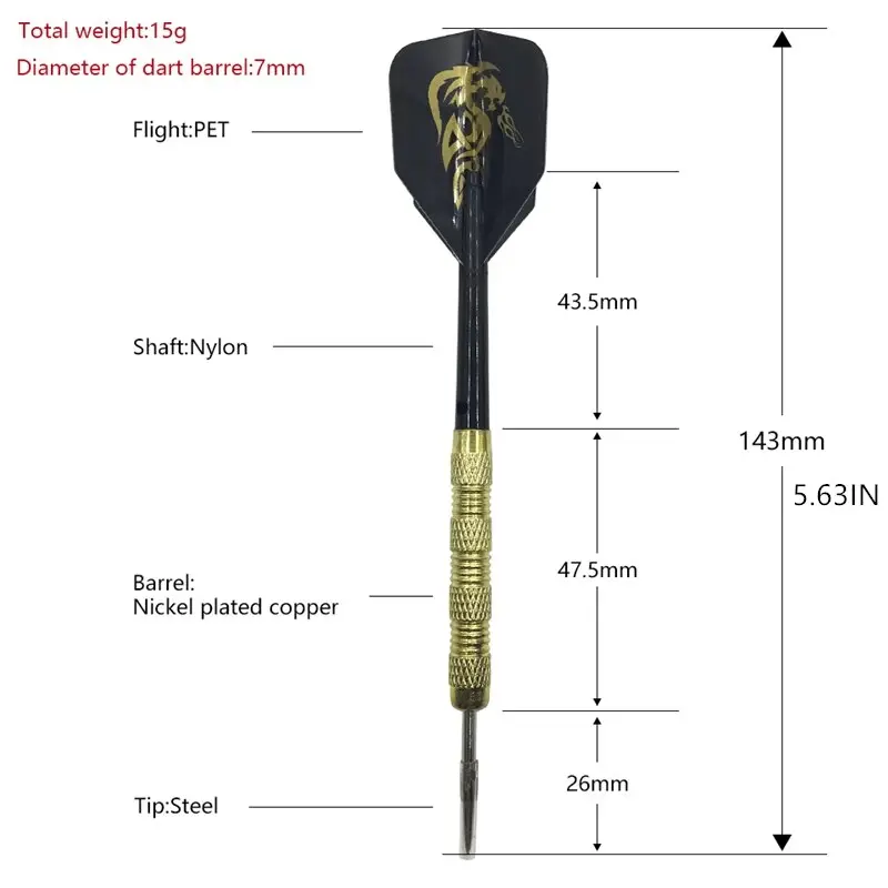 3pcs/1 Set Of 15g Darts Iron Copper Plated Nylon Darts Rod PET Tail Length Of 15.3cm/5.63IN