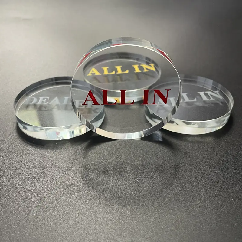 Transparent crystal "ALL IN" and "DEALER" game tokens in 4 colors, 6cm/2.36inch desktop and competitive board game accessories