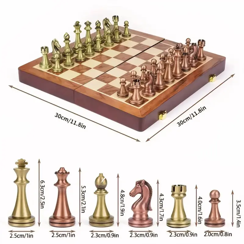 High end chess set 30cm/11.8inch antique bronze foldable solid wood box alloy weighted chess pieces Christmas holiday gift