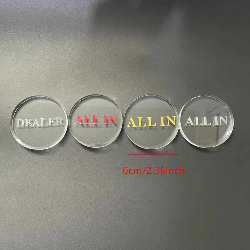Transparent crystal "ALL IN" and "DEALER" game tokens in 4 colors, 6cm/2.36inch desktop and competitive board game accessories