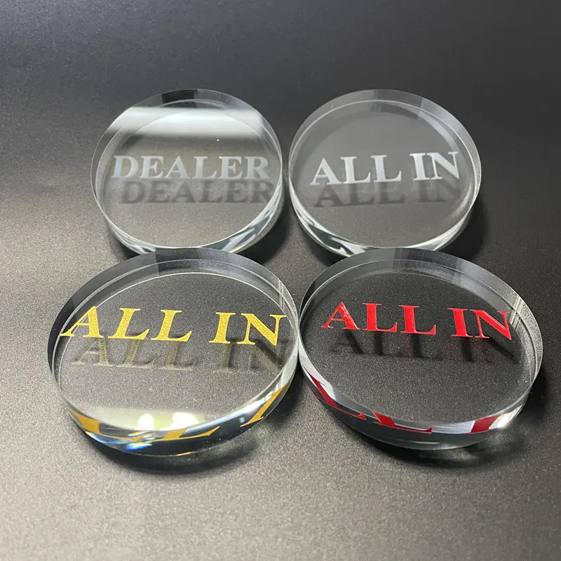 Transparent crystal "ALL IN" and "DEALER" game tokens in 4 colors, 6cm/2.36inch desktop and competitive board game accessories