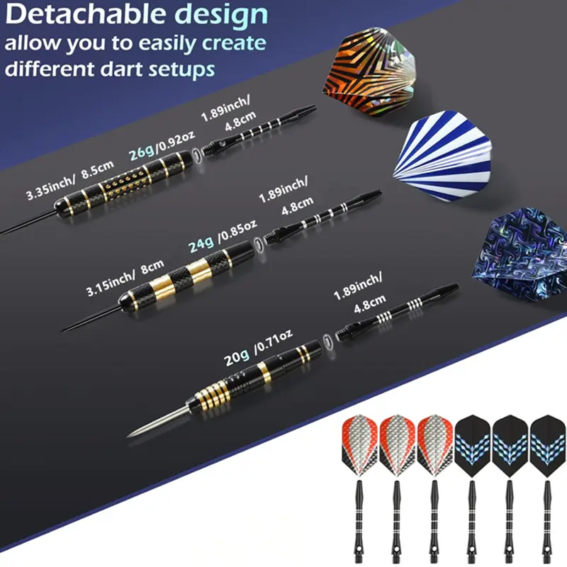 Brass darts barrel professional metal tip darts 12pcs, 20g and 24g and 26g steel tip darts set with sharpener tools