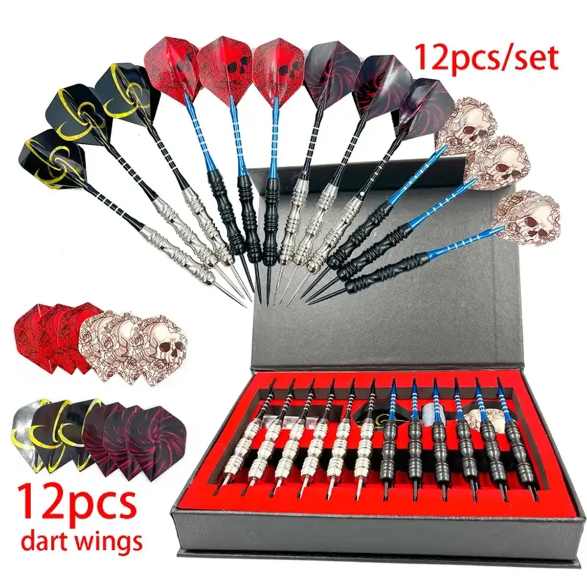 12 Pcs/ Set Of Dart Pro Metal Dart Steel Tips With Iron Pad Aluminum Dart Rod Extra Flying Dart Sharpener Sharpening Stone Box