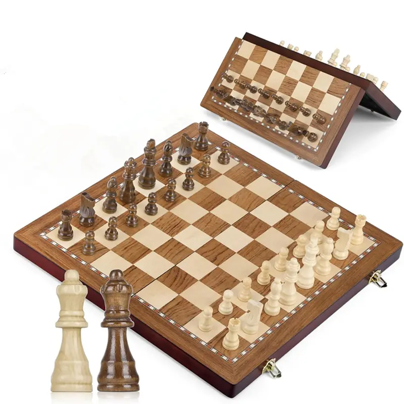 Wooden chess set 38*38*2.5cm/15*15*0.98inch Collapsible large size high-grade sculpted chess board - 2 extra queens, a good gift