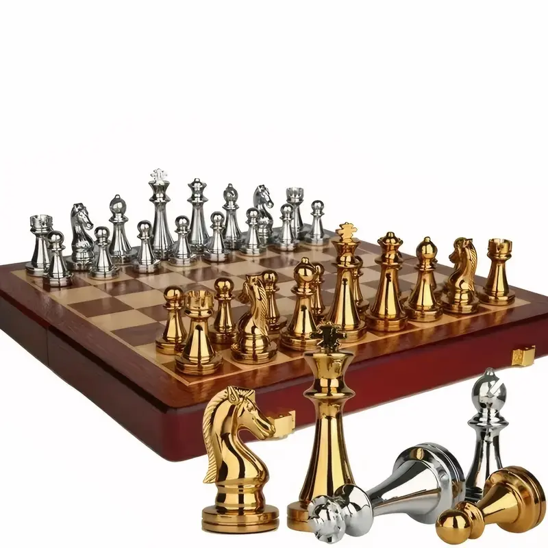 Deluxe Wooden checkerboard Set 30cm/11.81in Portable folding checkerboard with weight zinc alloy pieces Ideal for Christmas