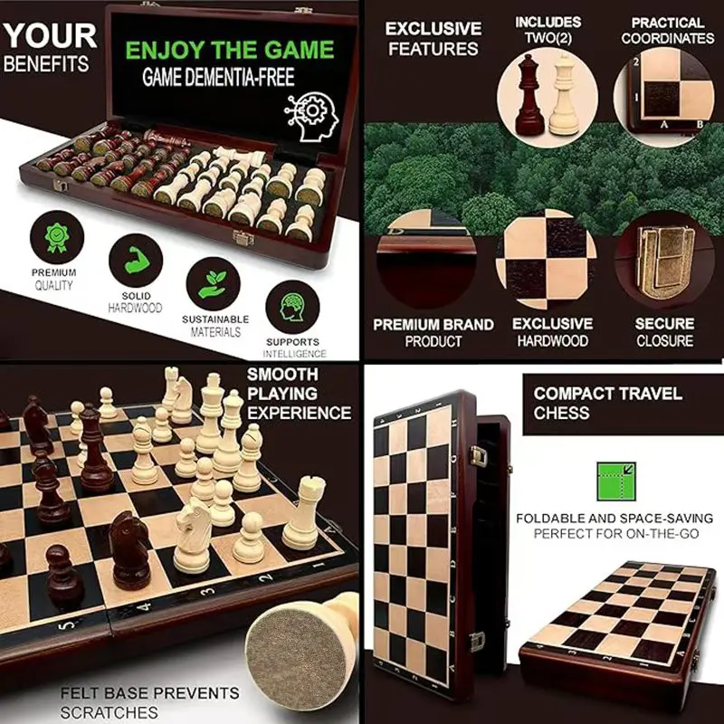 Ebony chess game board 38cm/15inch foldable board game entertainment king 7.6cm/3inch tall