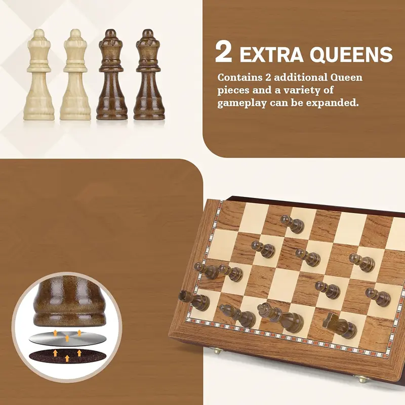 Wooden chess set 38*38*2.5cm/15*15*0.98inch Collapsible large size high-grade sculpted chess board - 2 extra queens, a good gift
