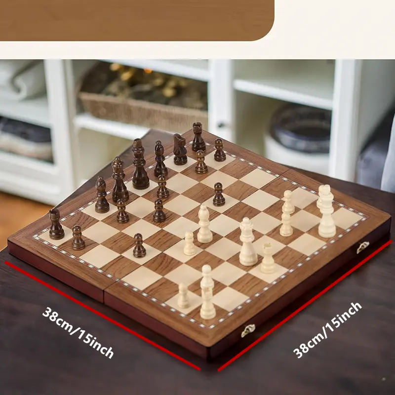 Wooden chess set 38*38*2.5cm/15*15*0.98inch Collapsible large size high-grade sculpted chess board - 2 extra queens, a good gift