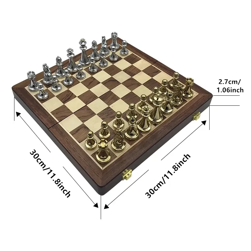Deluxe Wooden checkerboard Set 30cm/11.81in Portable folding checkerboard with weight zinc alloy chess pieces Christmas gift