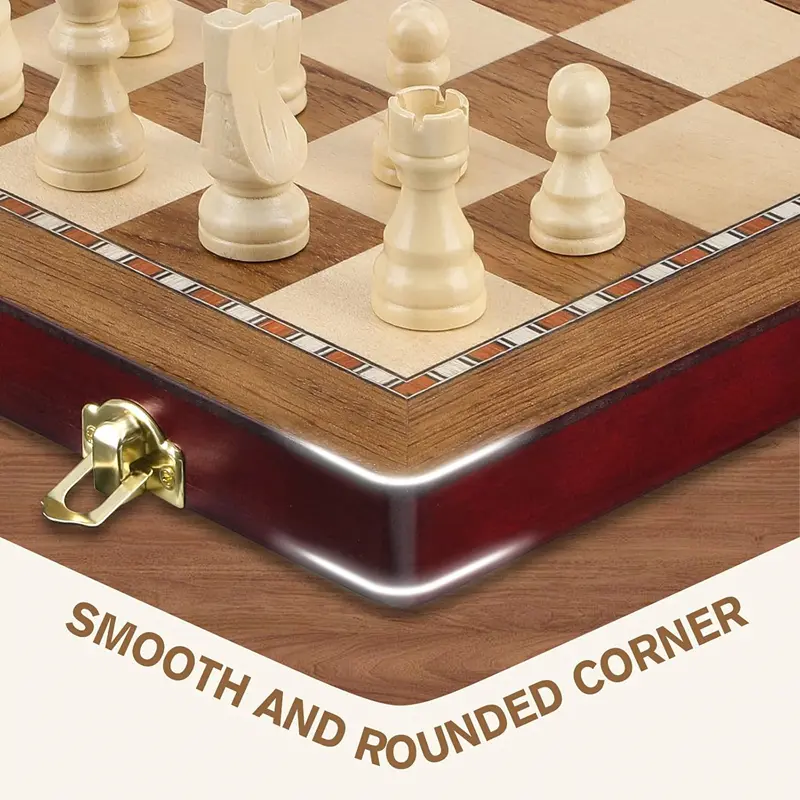 Wooden chess set 38*38*2.5cm/15*15*0.98inch Collapsible large size high-grade sculpted chess board - 2 extra queens, a good gift