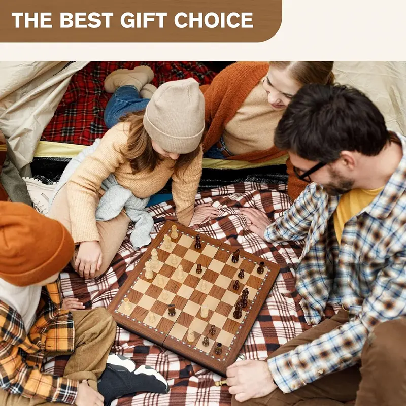 Wooden chess set 38*38*2.5cm/15*15*0.98inch Collapsible large size high-grade sculpted chess board - 2 extra queens, a good gift