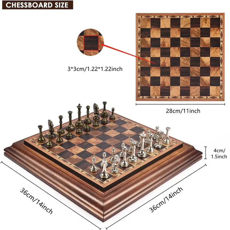 High end desktop 36cm/14 inch wooden chess set, detachable metal chess pieces king height 6.3cm chess storage/gift packaging