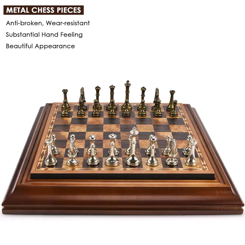 High end desktop 36cm/14 inch wooden chess set, detachable metal chess pieces king height 6.3cm chess storage/gift packaging