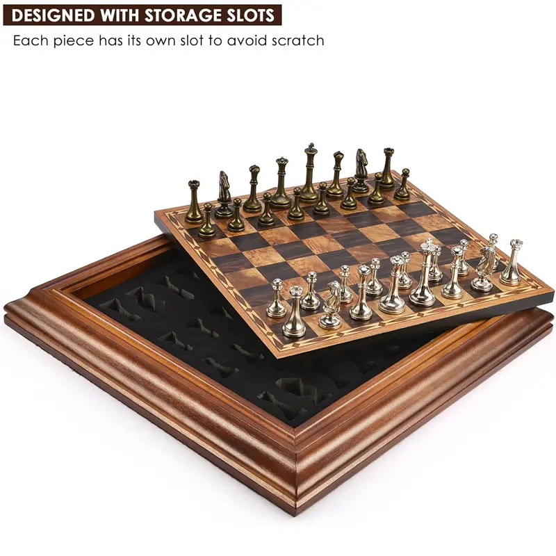 High end desktop 36cm/14 inch wooden chess set, detachable metal chess pieces king height 6.3cm chess storage/gift packaging