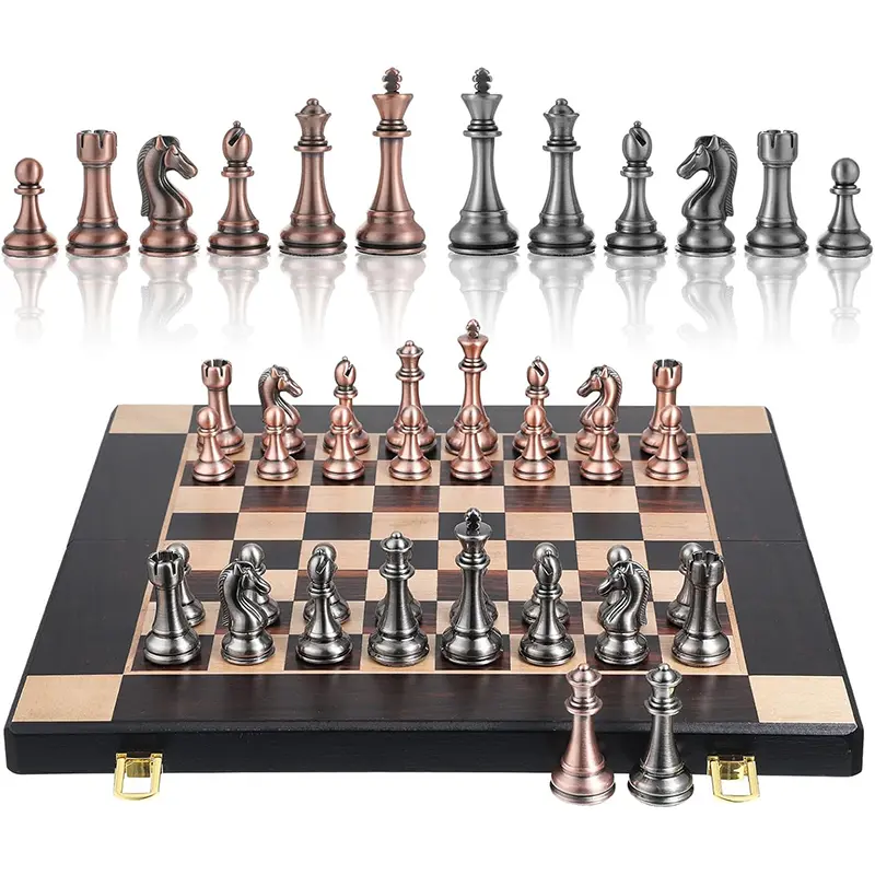 High end metal chess pieces, 38cm/15 inches, ebony wooden chessboard, providing foldable classic games for chess enthusiasts