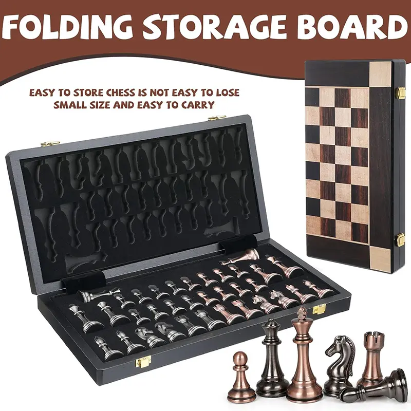 High end metal chess pieces, 38cm/15 inches, ebony wooden chessboard, providing foldable classic games for chess enthusiasts