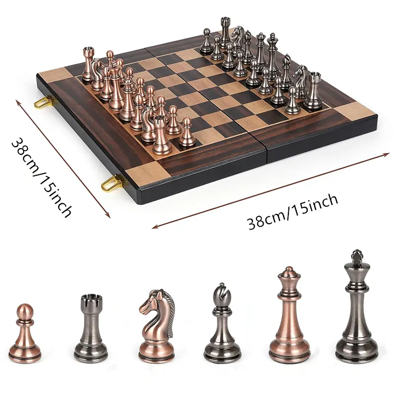 High end metal chess pieces, 38cm/15 inches, ebony wooden chessboard, providing foldable classic games for chess enthusiasts