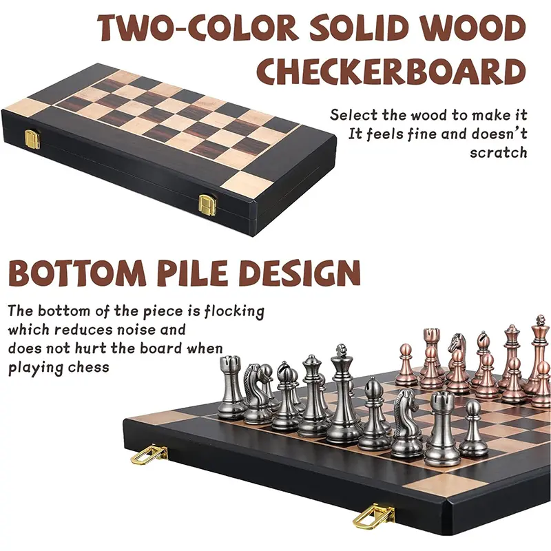 High end metal chess pieces, 38cm/15 inches, ebony wooden chessboard, providing foldable classic games for chess enthusiasts