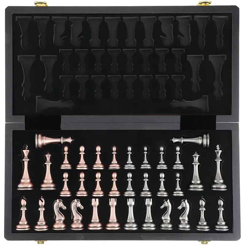 High end metal chess pieces, 38cm/15 inches, ebony wooden chessboard, providing foldable classic games for chess enthusiasts