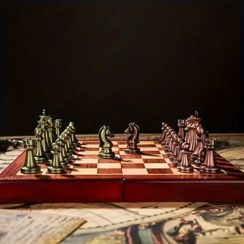 Chess Set High End 30cm/11.8inch Antique Bronze Foldable Solid Wood Box Alloy Weighted Chess Pieces Christmas Holiday Gift